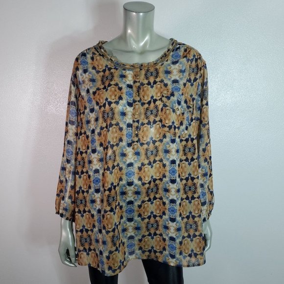 Nine West Top Plus Size 3X High Low Beaded Semi Sheer Pocket Long Sleeve Blue - Picture 2 of 5